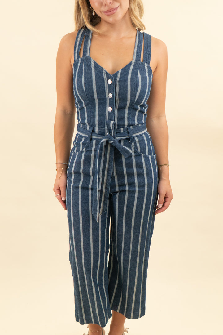 7 for all mankind dark wash striped sleeveless denim jumpsuit (24: retail $225)