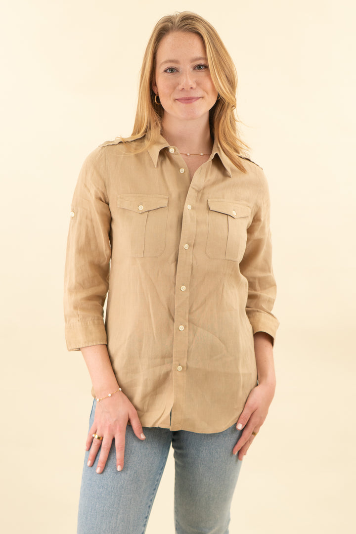 ralph lauren sport tan button down linen (8; retail $185)