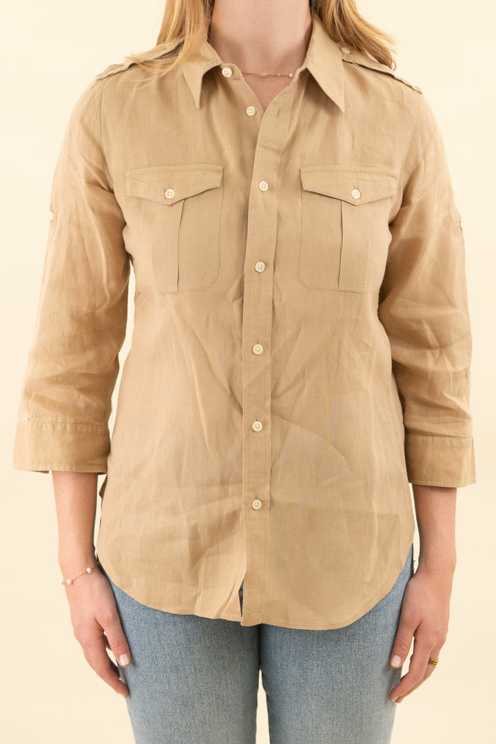 ralph lauren sport tan button down linen (8; retail $185)