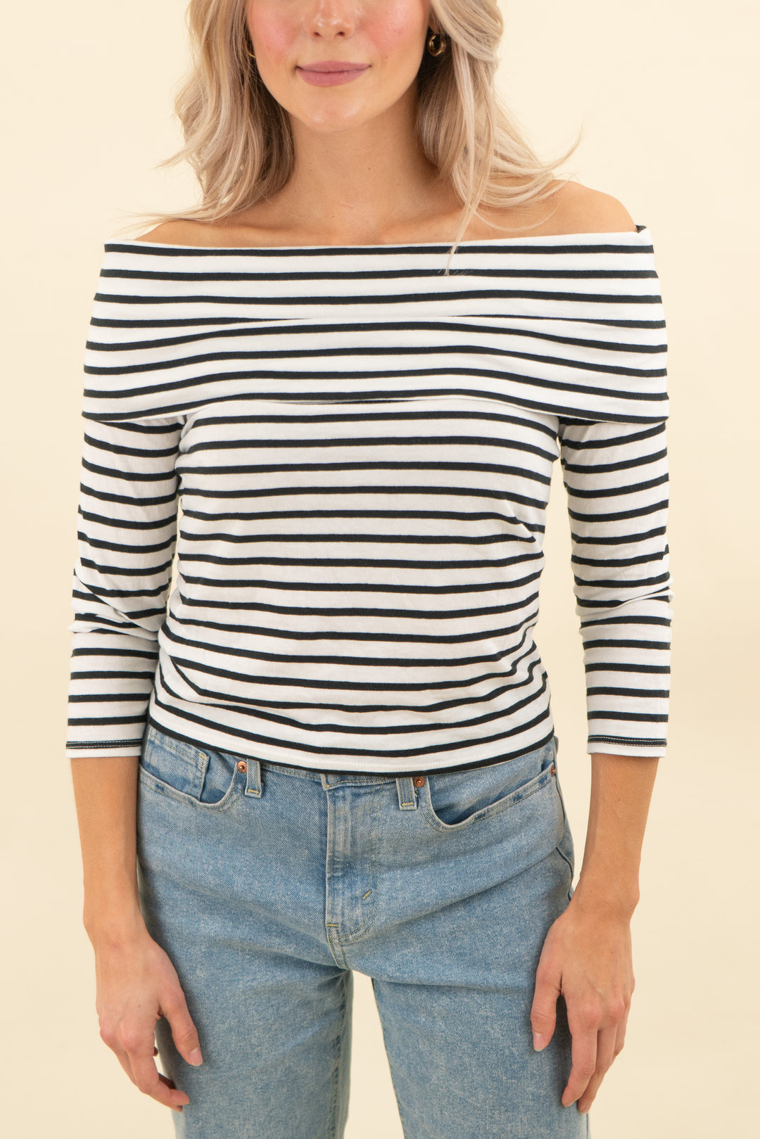 nation los angeles black and white stripe off the shoulder top (xs; retail $130)