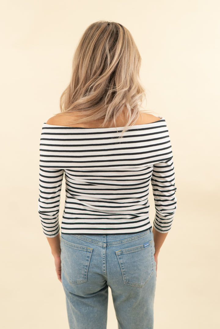 nation los angeles black and white stripe off the shoulder top (xs; retail $130)