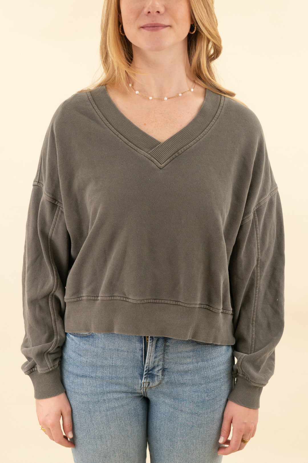 aerie olive green vneck sweatshirt (s; retail $60)