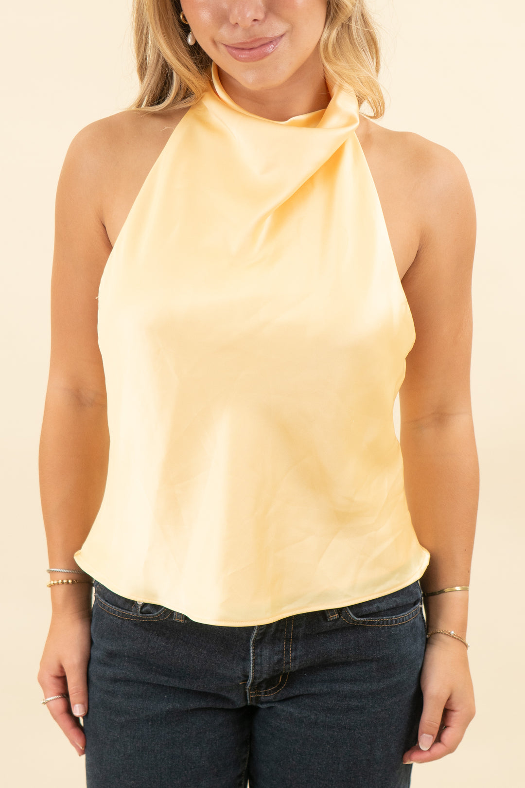 zara yellow satin halter low back top nwt (s; retail $40)
