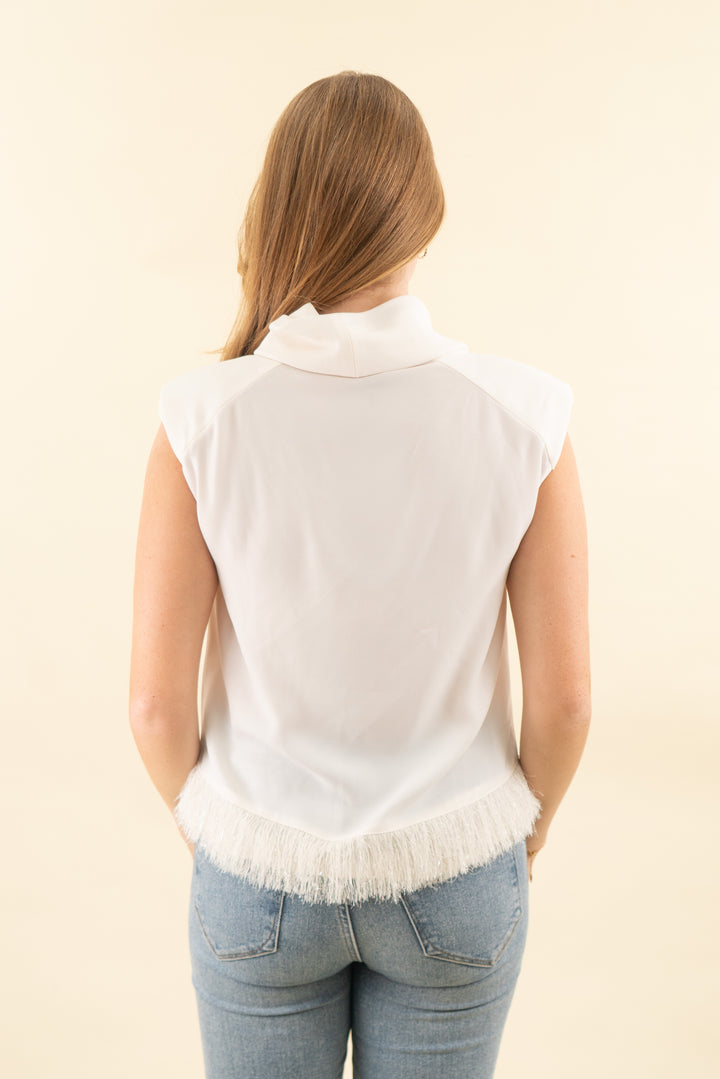 zara off-white s/l cowl neck top w/ fringe hem nwt (s; retail $46)