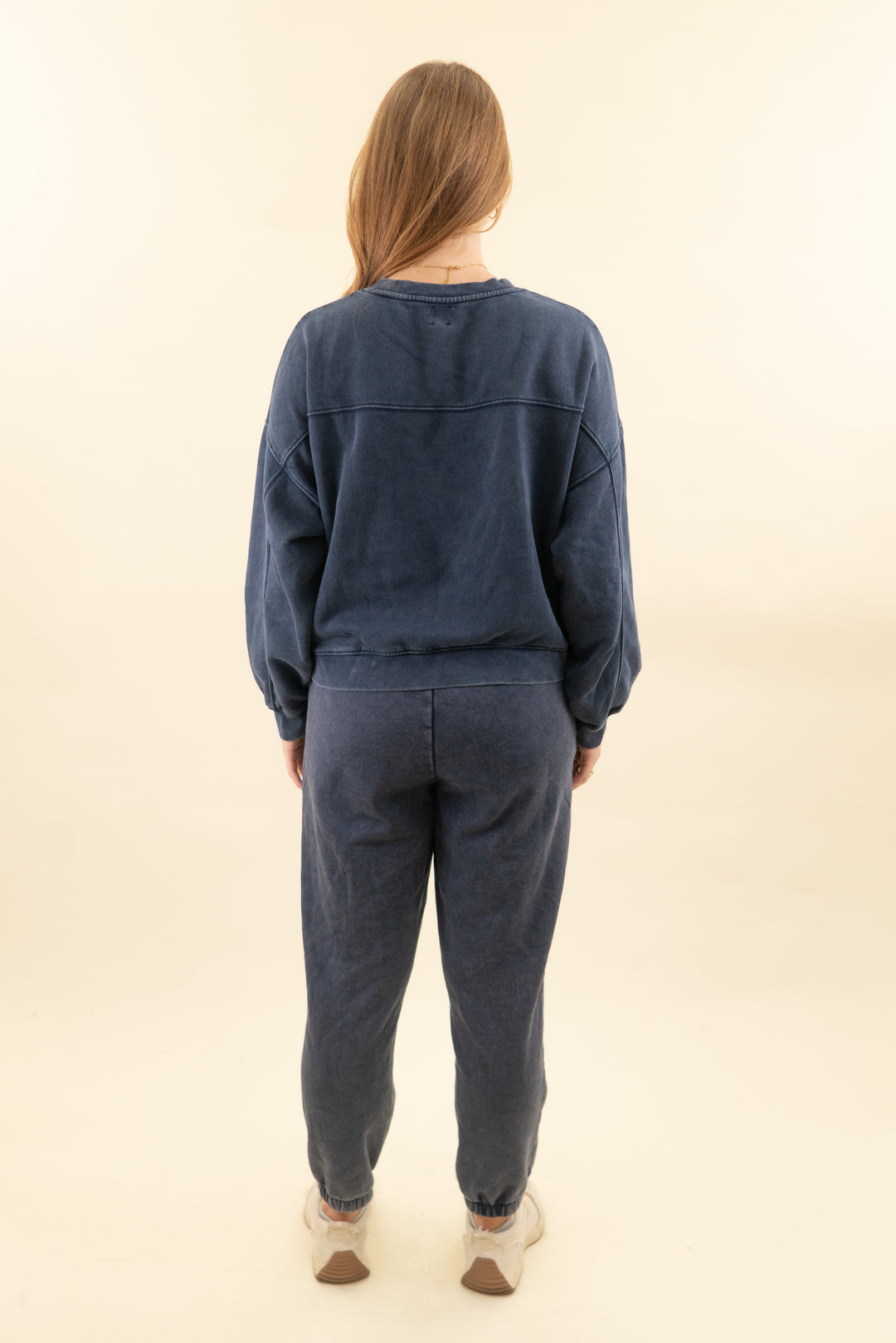 gap heathered navy crewneck & jogger set mineral wash (m; retail $140)