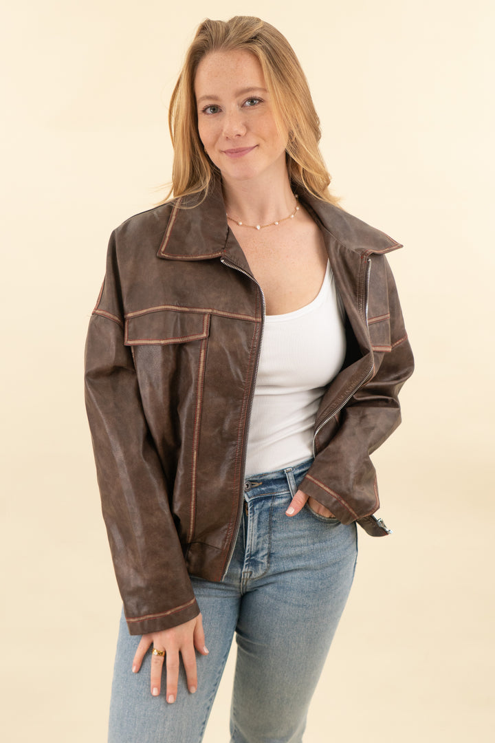 princess polly brown vegan leather bomber jacket (xs/s; retail $109)
