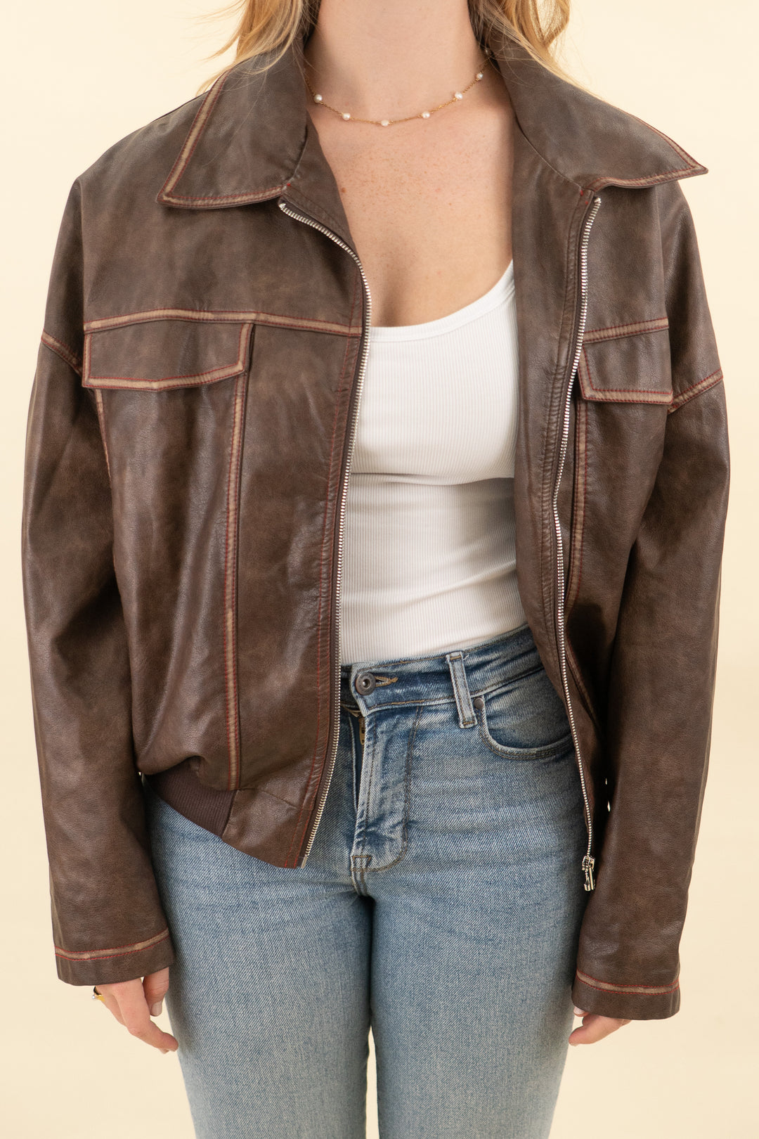 princess polly brown vegan leather bomber jacket (xs/s; retail $109)