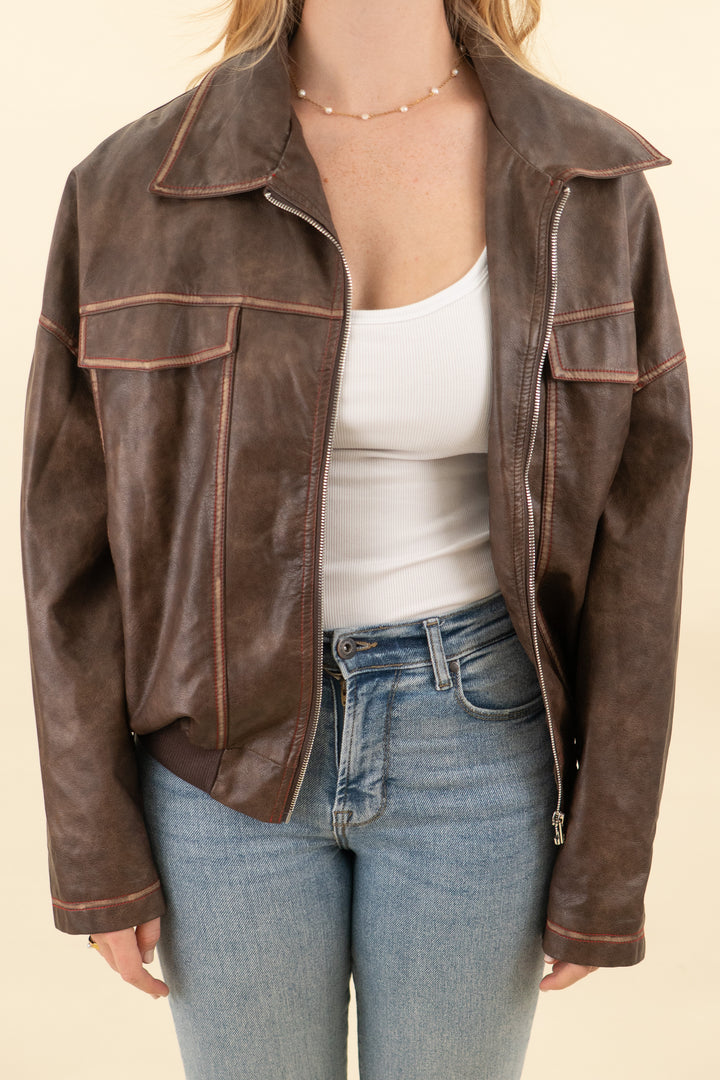 princess polly brown vegan leather bomber jacket (xs/s; retail $109)