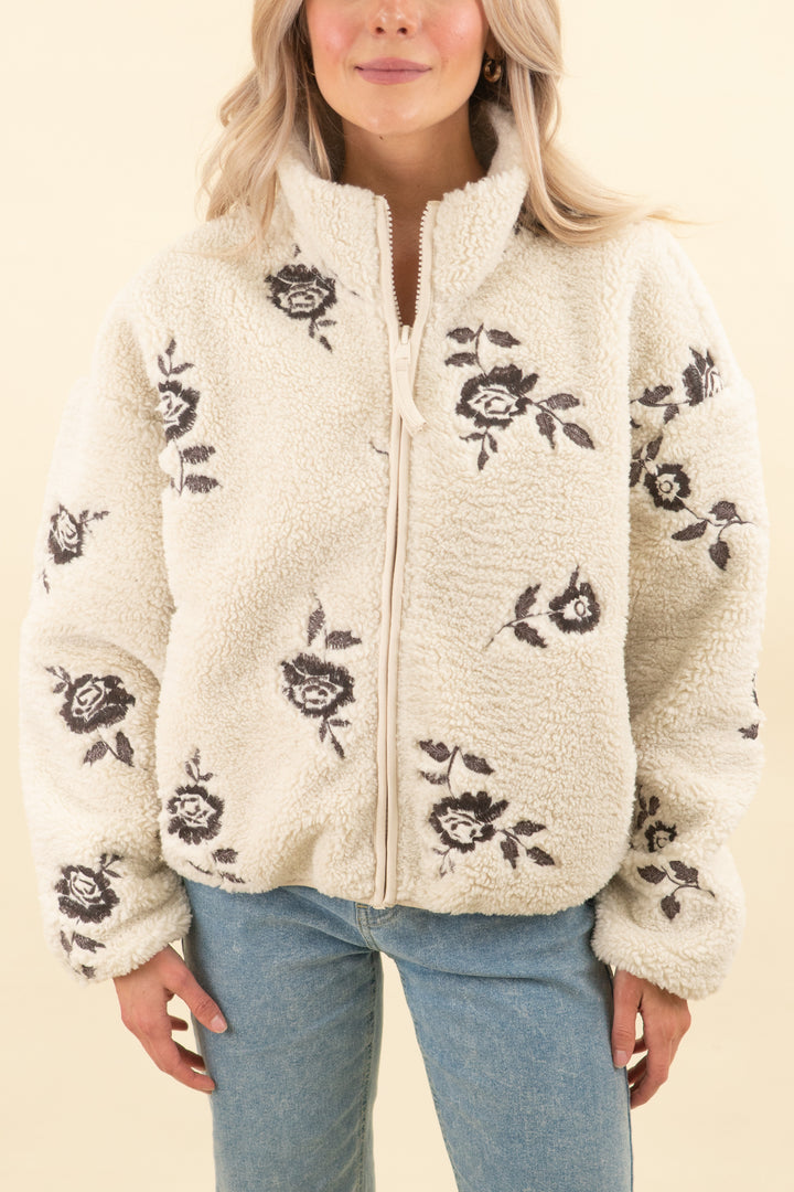 abercrombie & fitch cream sherpa jacket w/ brown embroidered flowers (s; retail $170)