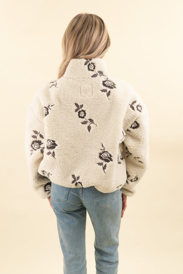 abercrombie & fitch cream sherpa jacket w/ brown embroidered flowers (s; retail $170)