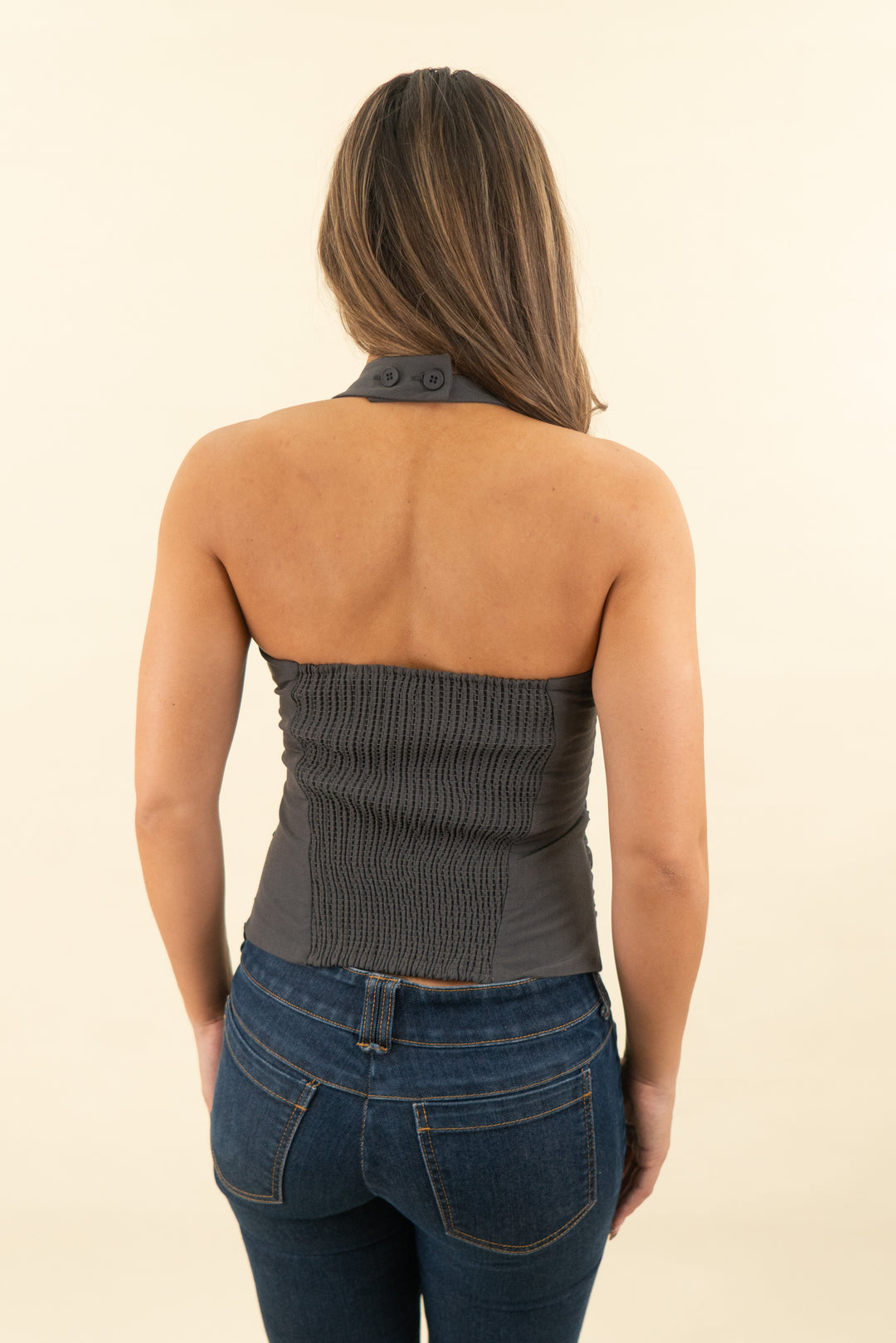 nia dark grey halter top nwt (xs; retail $153)