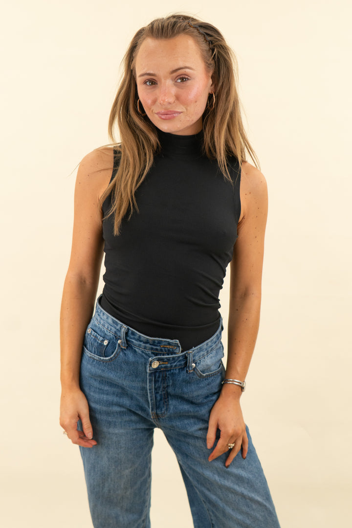 spanx black ribbed mockneck bodysuit AD (s; retail $84.95)