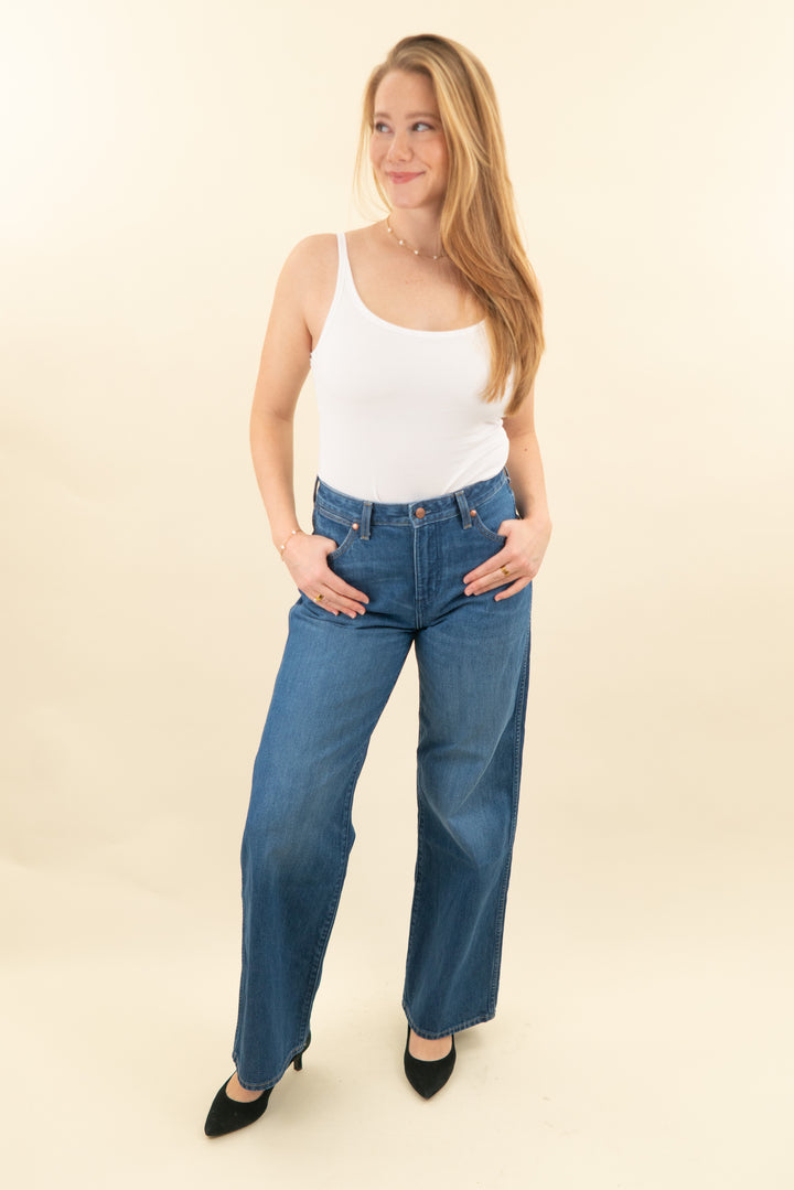 wrangler medium wash wide leg jeans (26; retail $74.99)