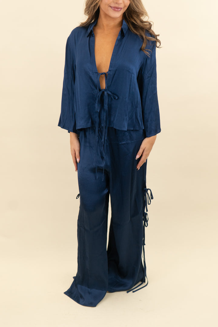 maeve navy satin long sleeve tie top and pants set nwt (m; retail $256)