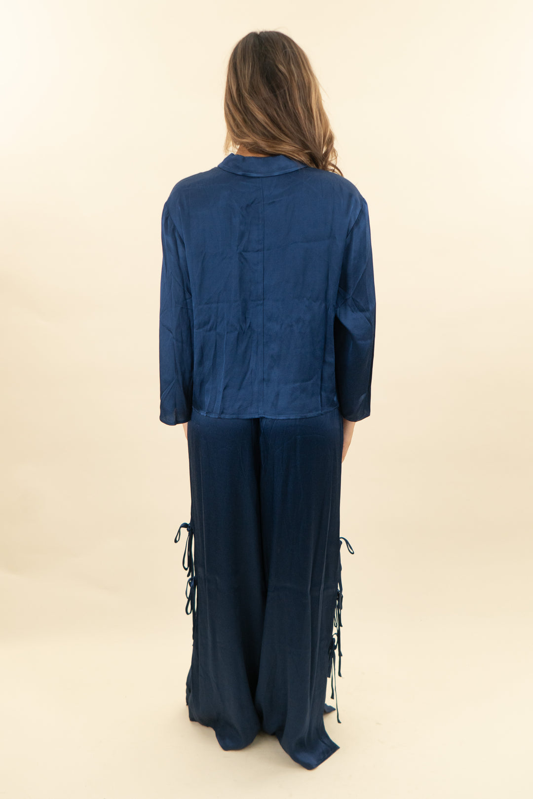 maeve navy satin long sleeve tie top and pants set nwt (m; retail $256)