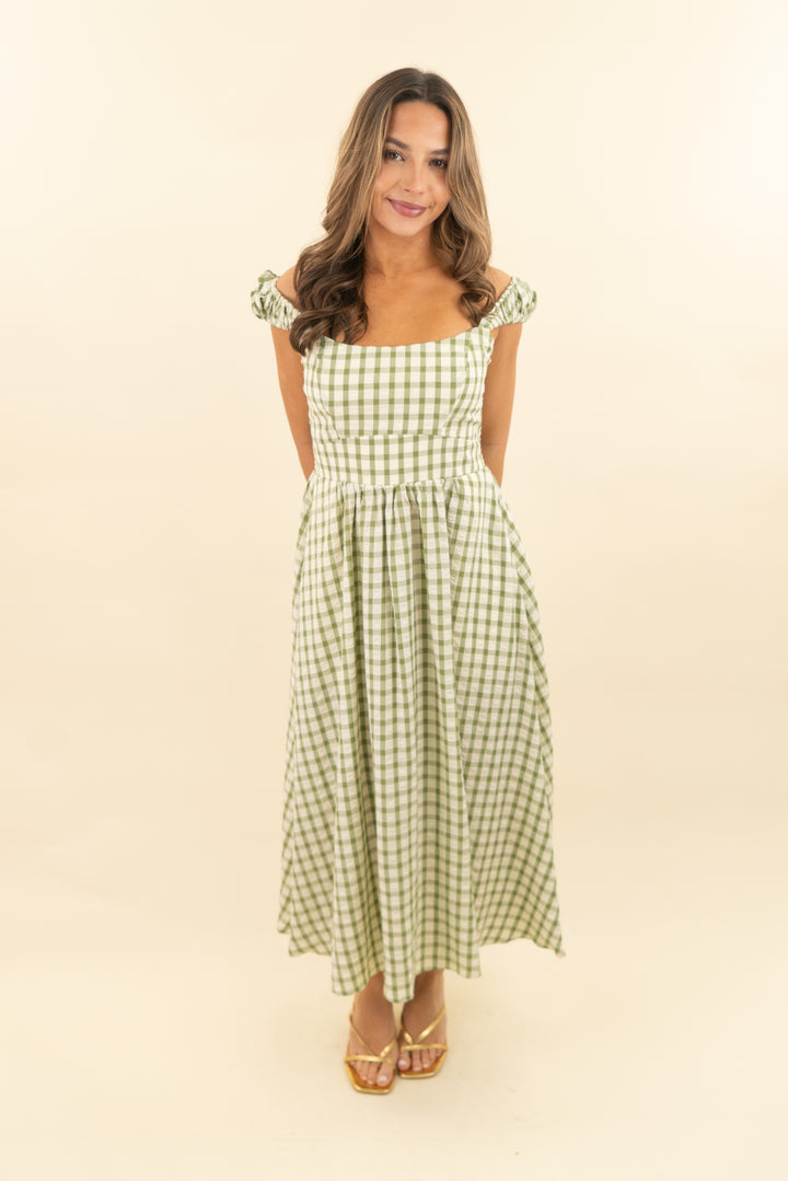 tuckernuck green and cream gingham print fit and flare midi dress (m; retail $168)