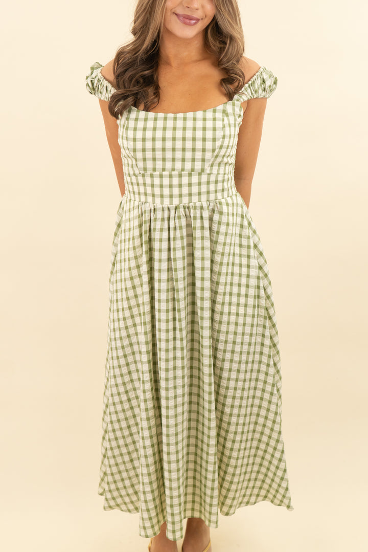 tuckernuck green and cream gingham print fit and flare midi dress (m; retail $168)