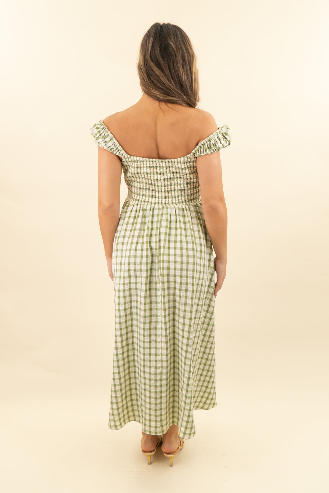 tuckernuck green and cream gingham print fit and flare midi dress (m; retail $168)