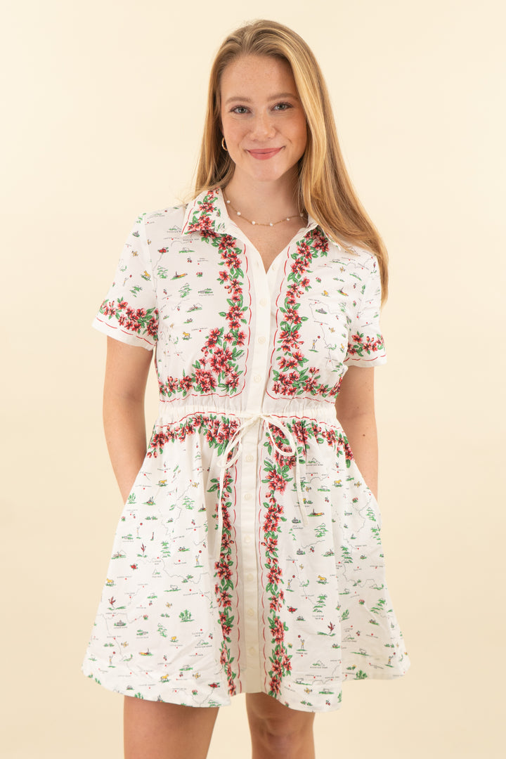 j. crew white and red map print button down mini poplin dress nwt (8; retail $158)