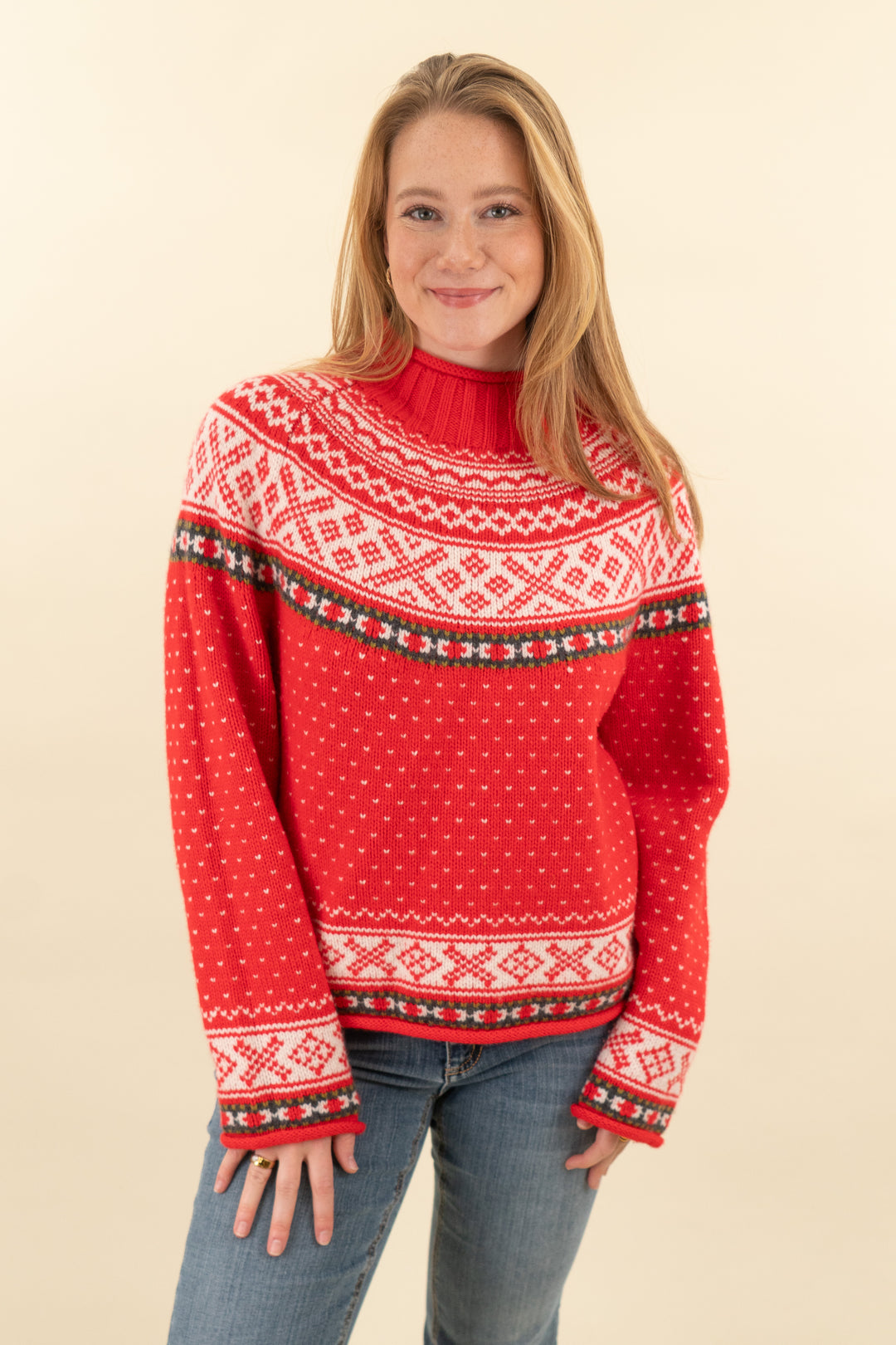 j. crew red fair isle mock neck sweater (m; retail $168)