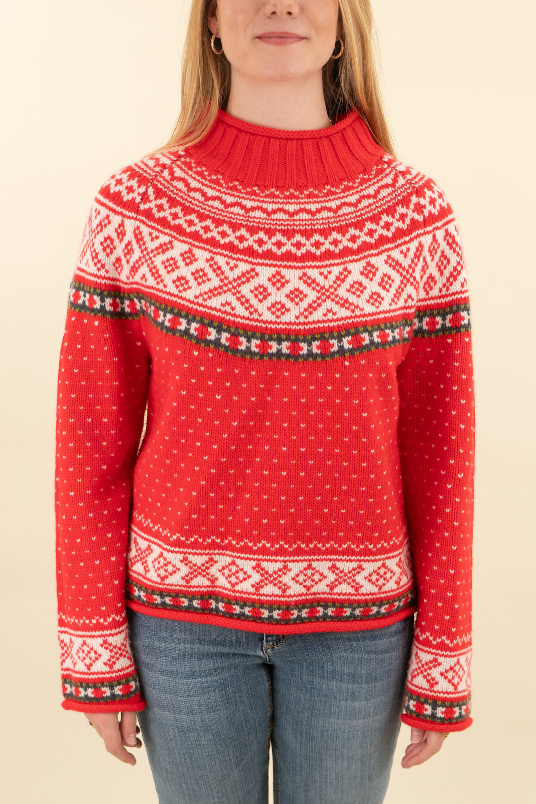 j. crew red fair isle mock neck sweater (m; retail $168)