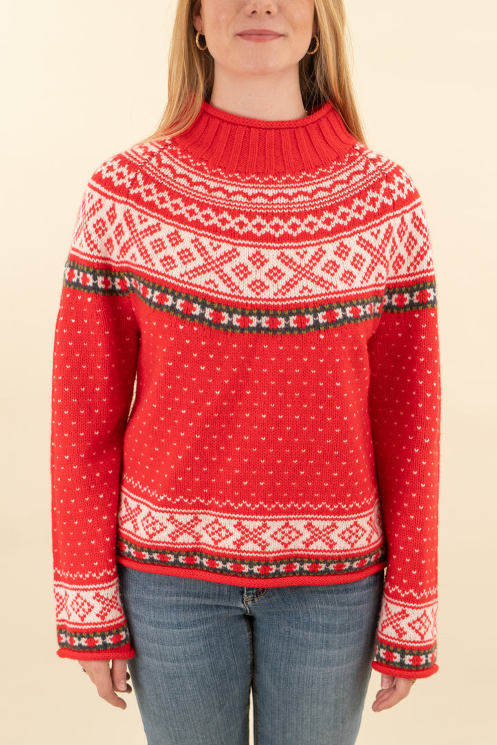 j. crew red fair isle mock neck sweater (m; retail $168)