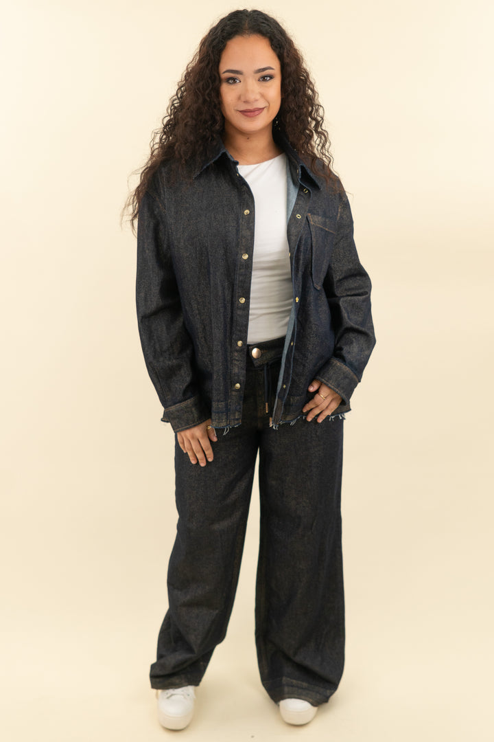 democracy dark wash gold shimmer jeans and button down top set (l/10; retail $156)