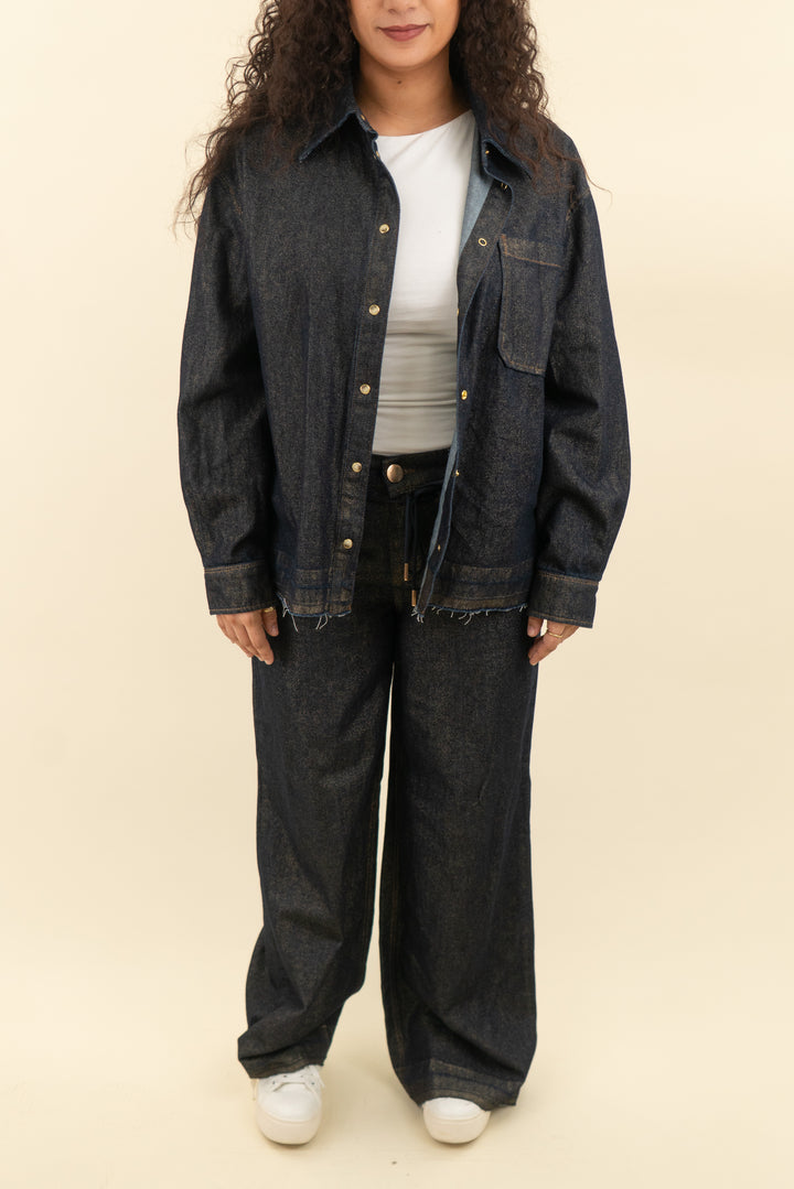 democracy dark wash gold shimmer jeans and button down top set (l/10; retail $156)