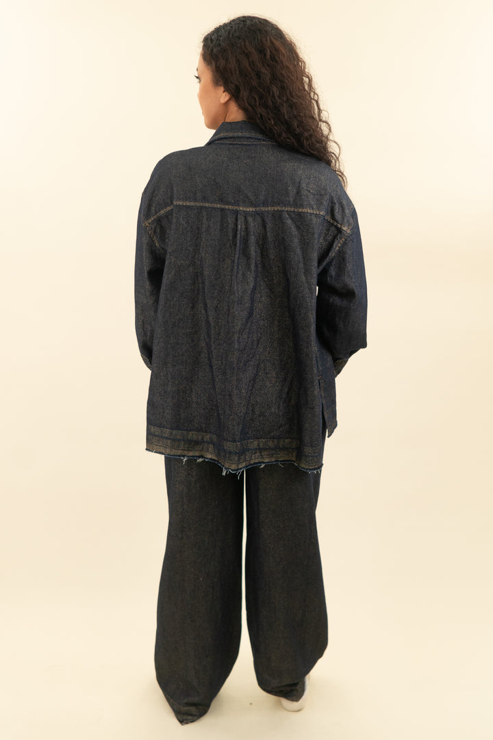 democracy dark wash gold shimmer jeans and button down top set (l/10; retail $156)