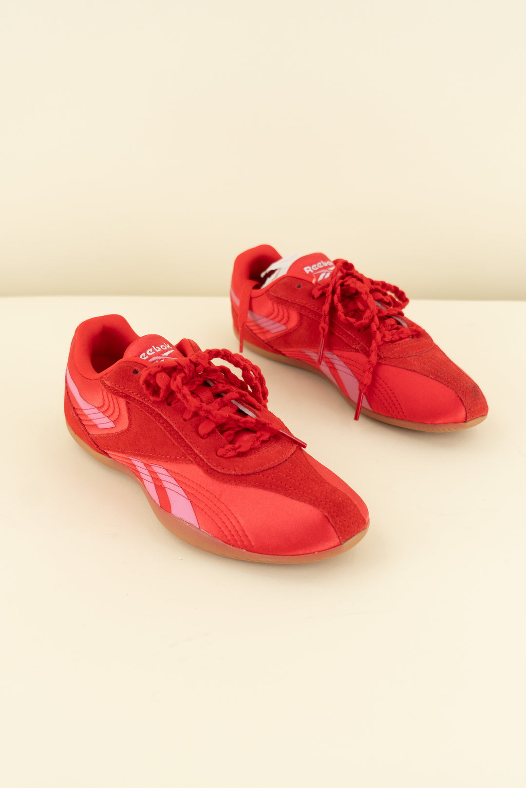 Reebok Red Satin Sneakers (7.5; retail $75)