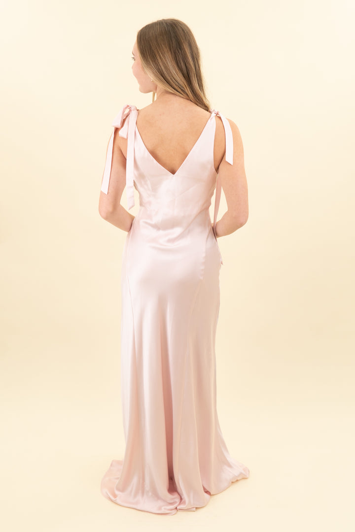 reformation baby pink satin tie maxi dress (xs; retail $398)