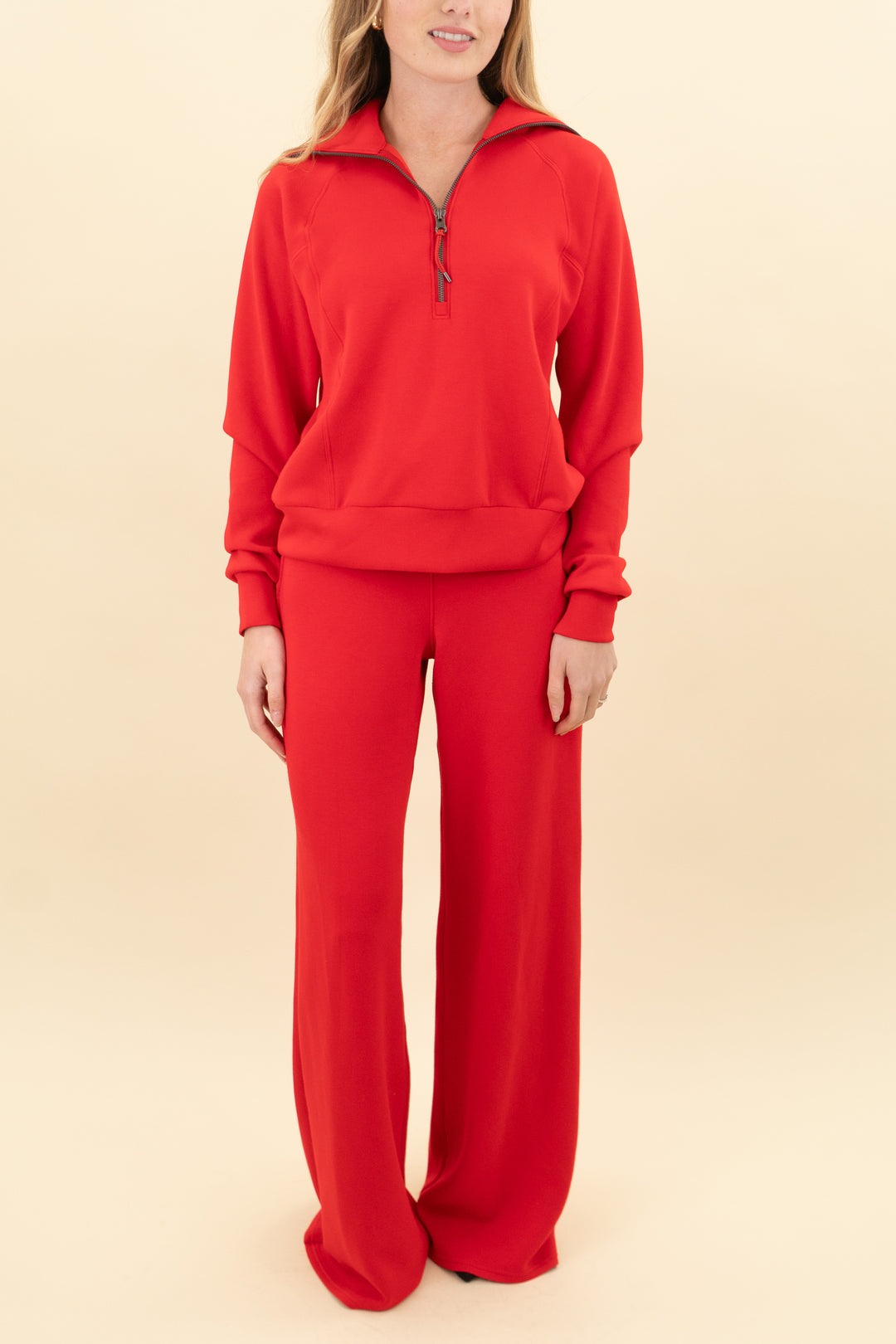 spanx red quarter zip pullover & wide leg pant set (xs; retail $246)