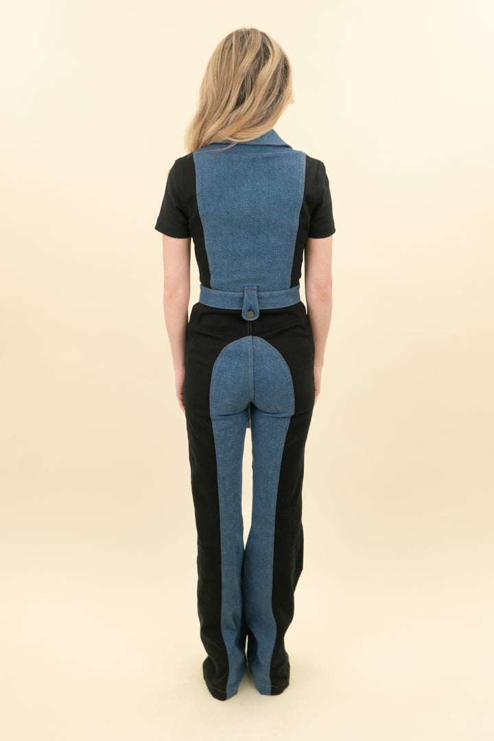 alice & olivia black and denim short sleeve jumpsuit (24; retail $595)
