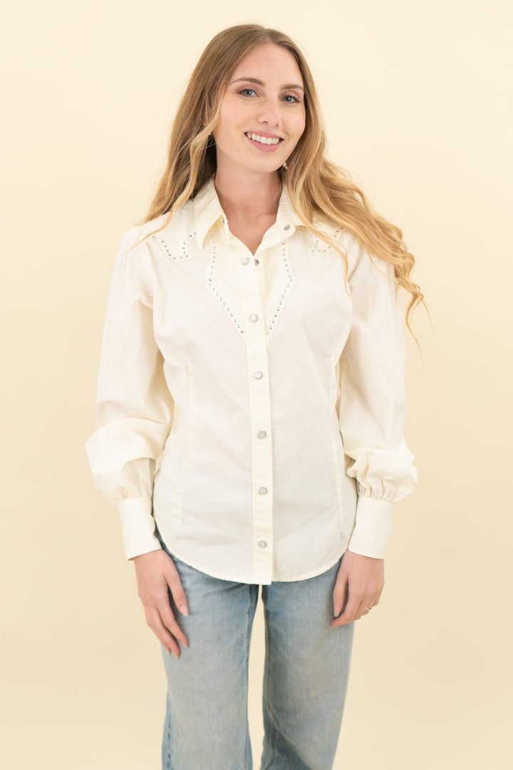 wrangler x yellow rose cream long sleeve embellished button up (s; retail $65)