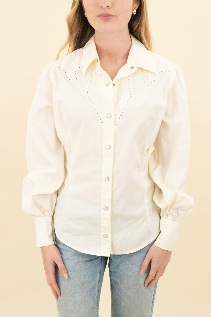 wrangler x yellow rose cream long sleeve embellished button up (s; retail $65)