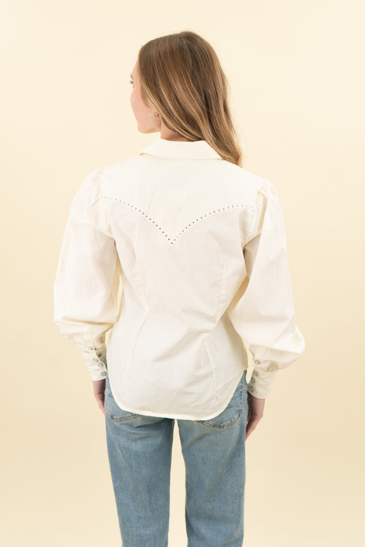 wrangler x yellow rose cream long sleeve embellished button up (s; retail $65)