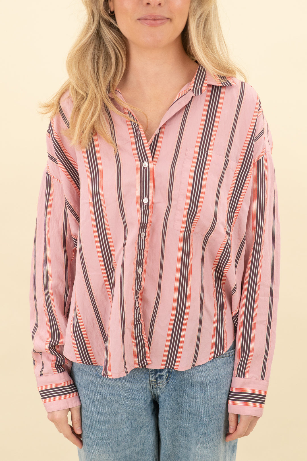 xirena pink & brown striped button up (xs; retail $245)