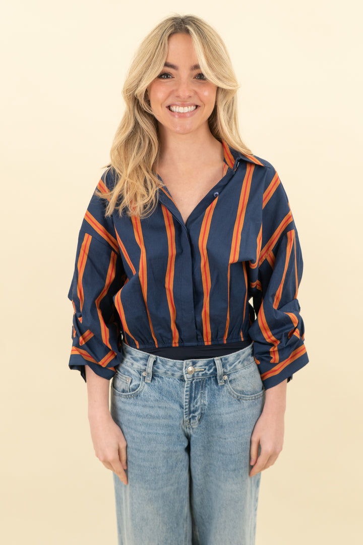staud navy and orange striped button up bodysuit (xs)