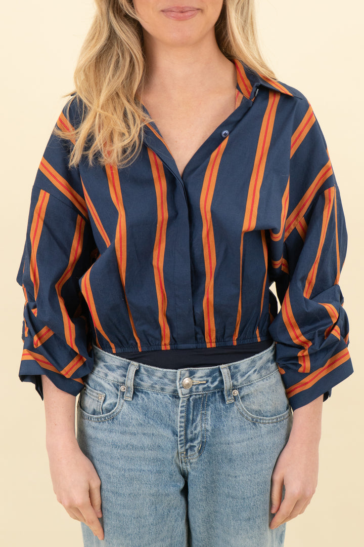 staud navy and orange striped button up bodysuit (xs)