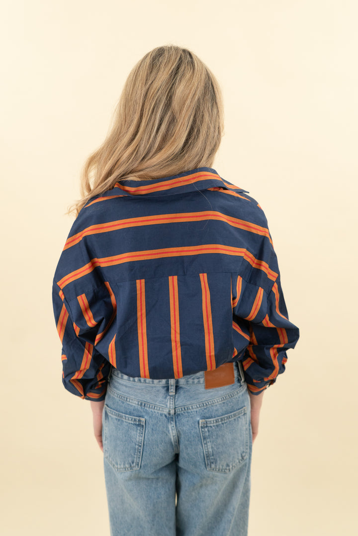 staud navy and orange striped button up bodysuit (xs)