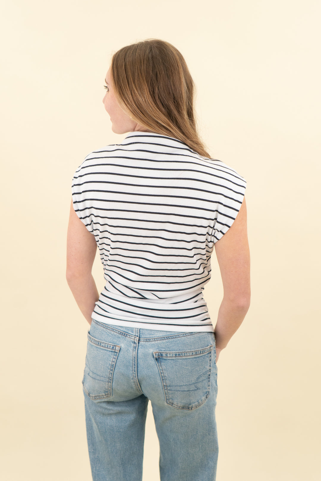 michael stars black & white striped mockneck s/l top w/ ruched sides (s; retail $78)