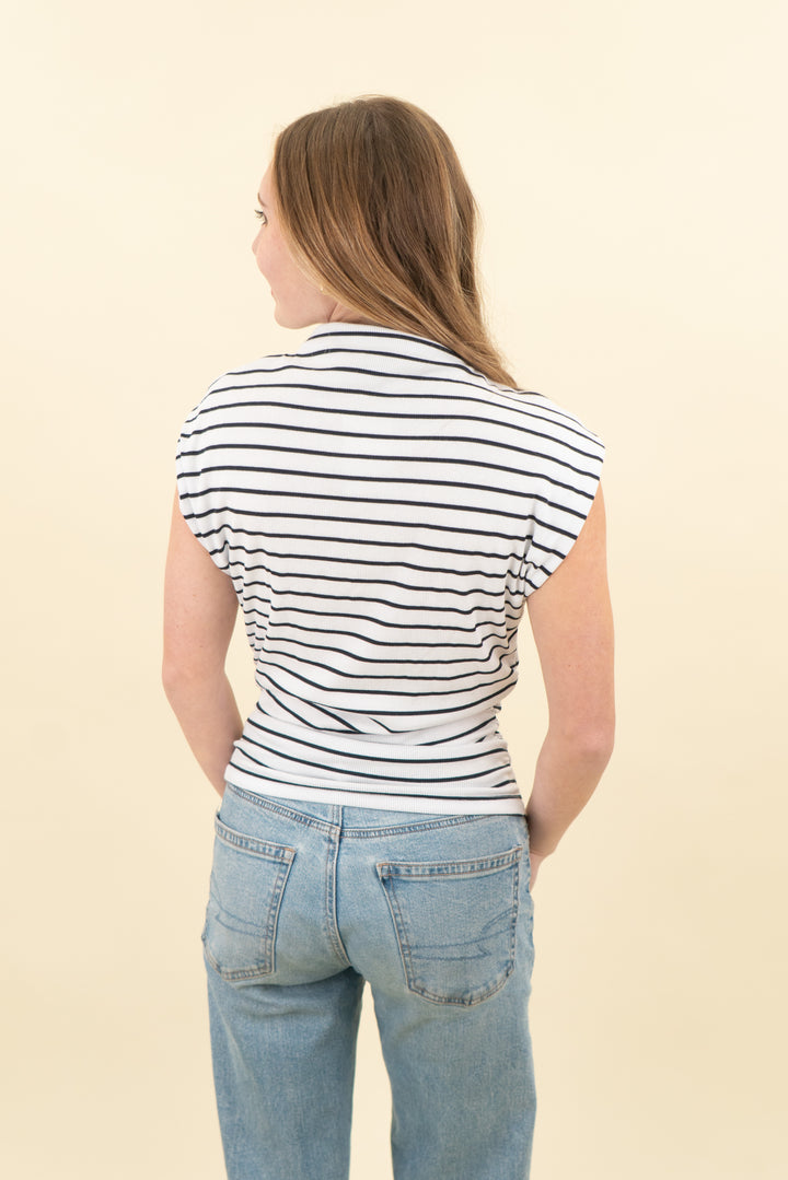 michael stars black & white striped mockneck s/l top w/ ruched sides (s; retail $78)
