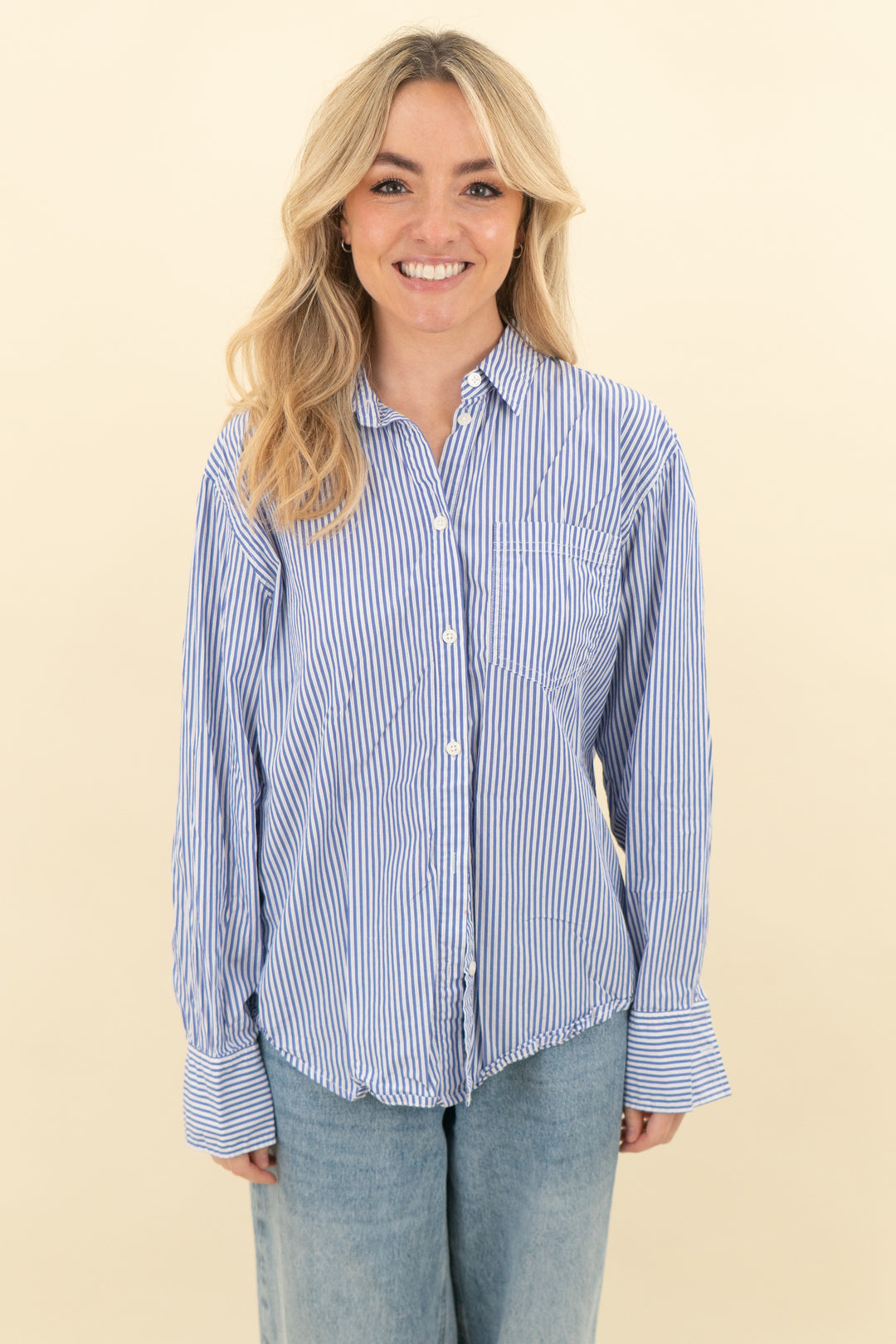 j. crew blue and white striped classic fit button down top (6; retail $98)