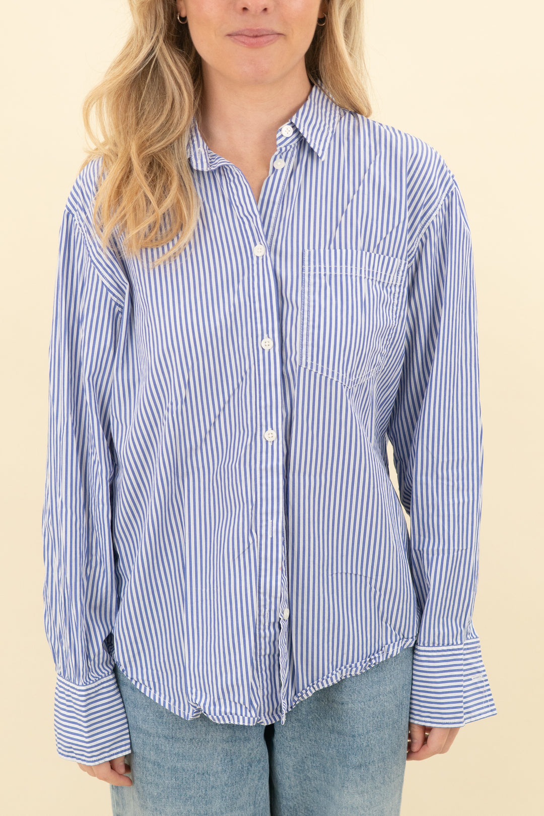 j. crew blue and white striped classic fit button down top (6; retail $98)
