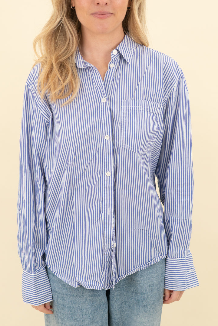 j. crew blue and white striped classic fit button down top (6; retail $98)