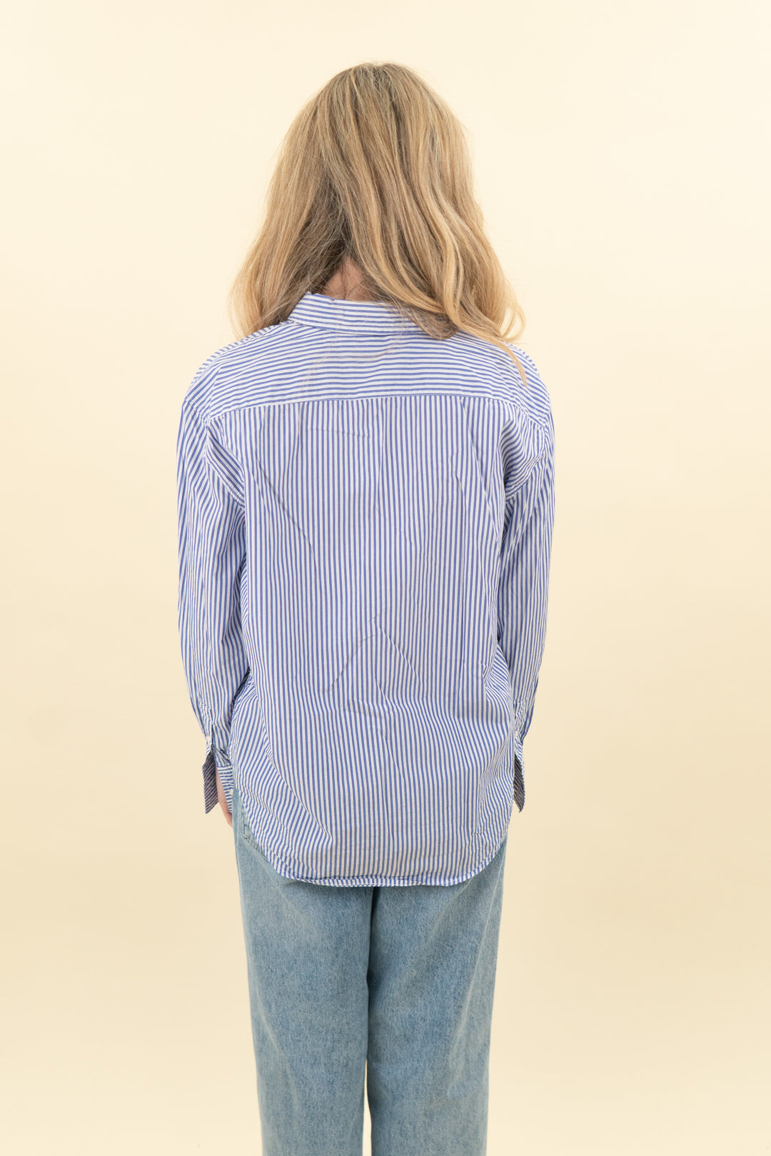 j. crew blue and white striped classic fit button down top (6; retail $98)