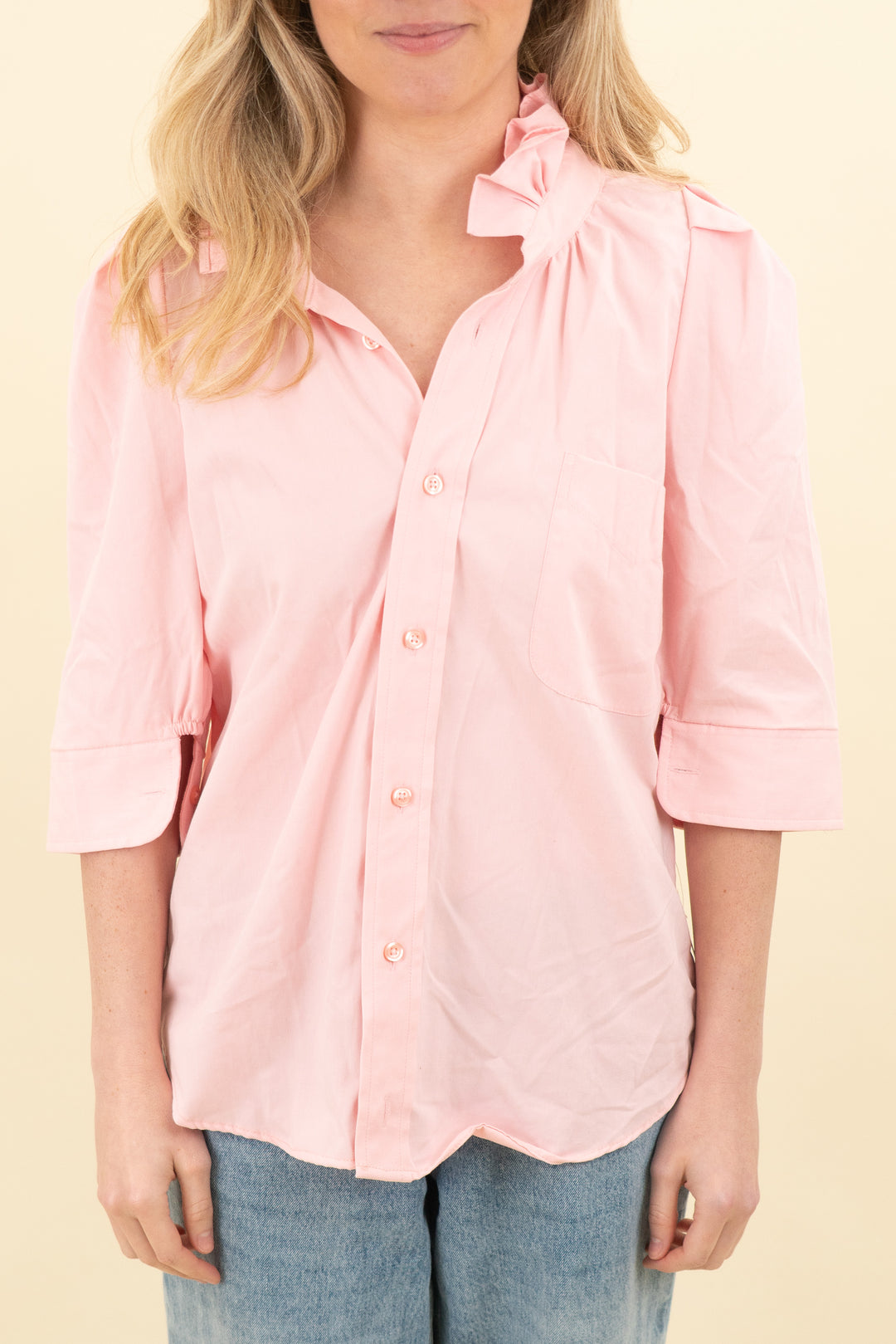 kmj pink ruffle neck 3/4 sleeve button up top (s; retail $248)