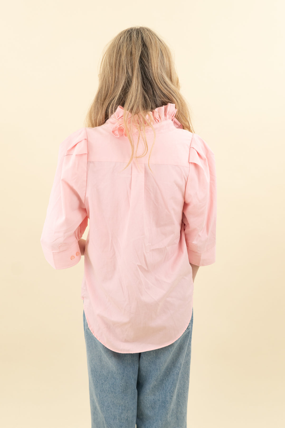kmj pink ruffle neck 3/4 sleeve button up top (s; retail $248)