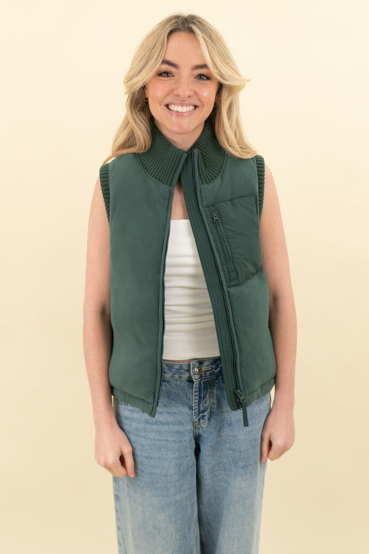 sweat betty dark green fleece puff vest (s; retail $168)