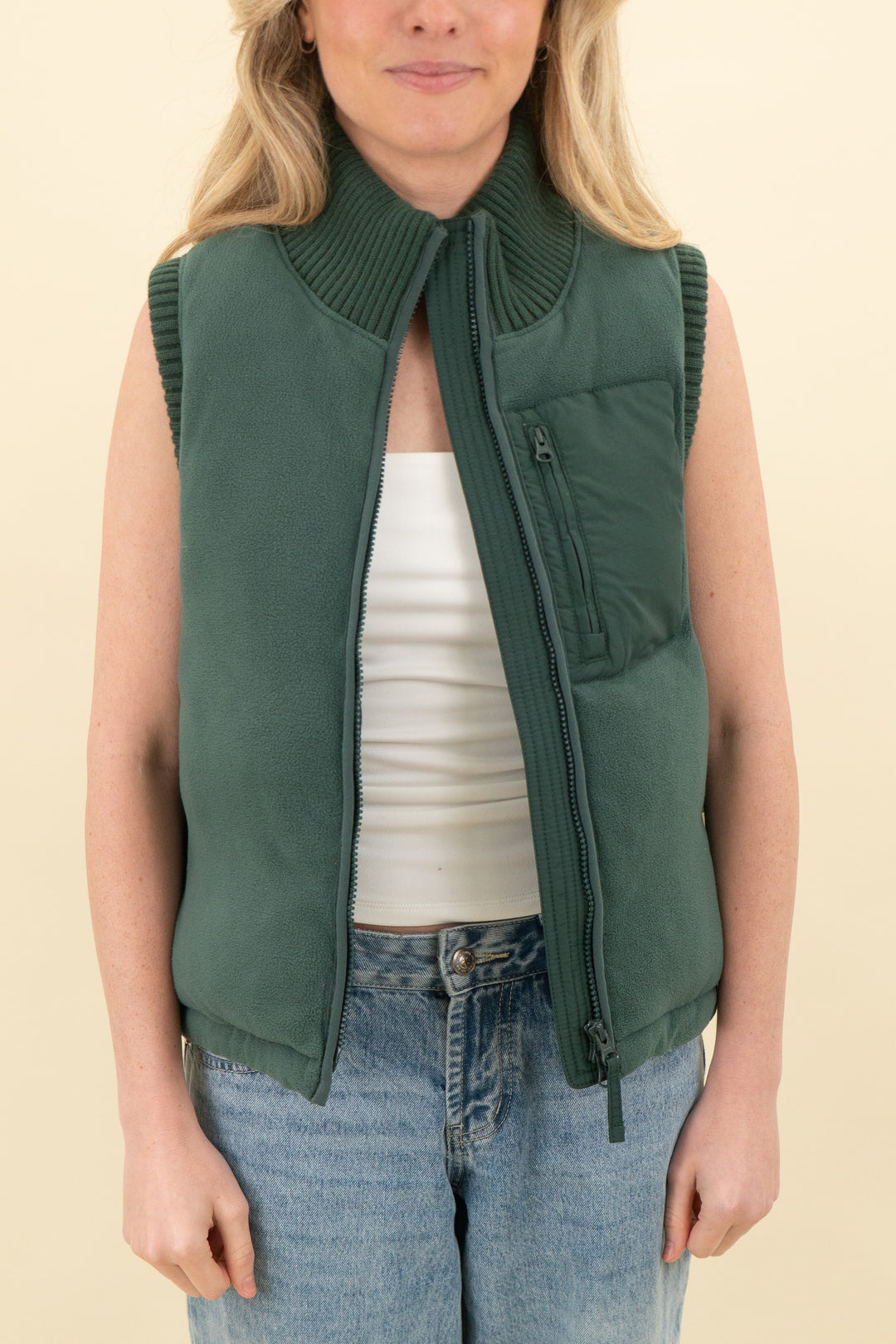 sweat betty dark green fleece puff vest (s; retail $168)